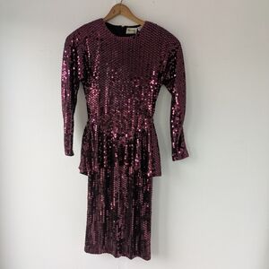 Vintage 80's Oleg Cassini Burgundy Sequin Peplum Dress Size 4